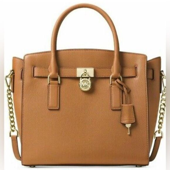 NEW Michael Kors Hamilton Studio Brown Acorn Leather Satchel Camel Keylet $428 - Picture 1 of 16